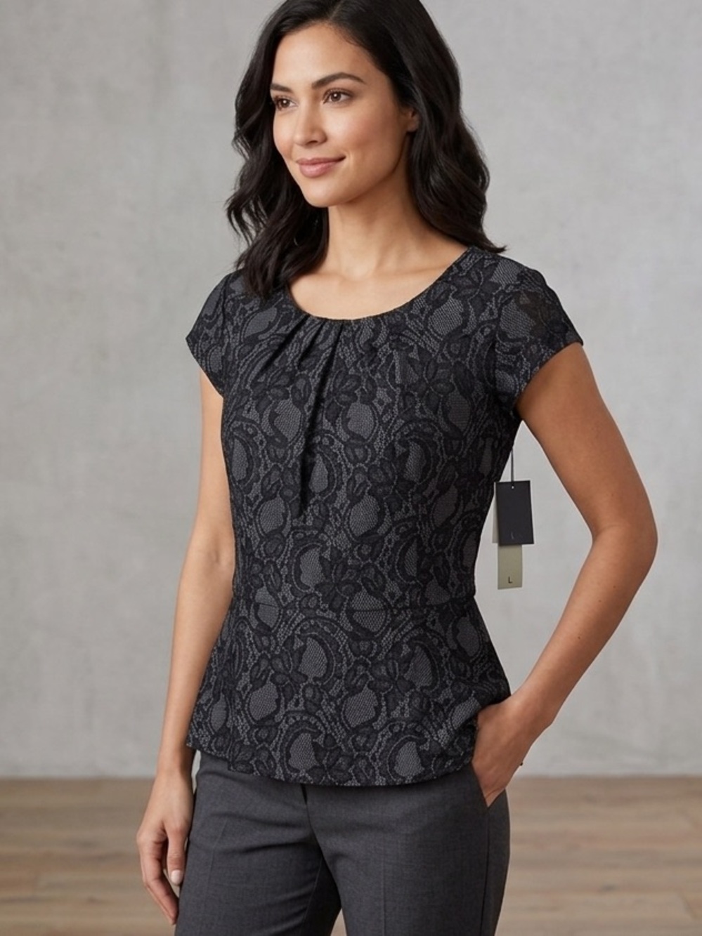 Classiques Entier Womens Floral Lace Overlay Cap Sleeve Peplum Top Black Size M